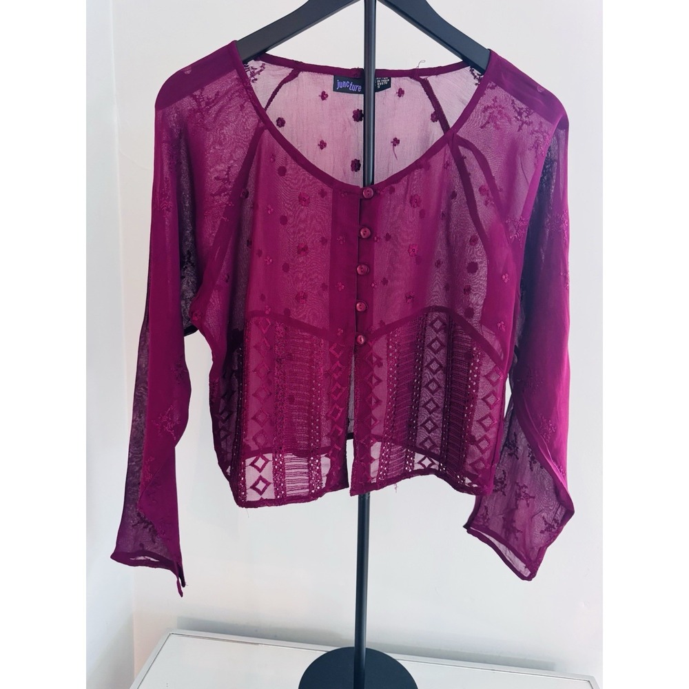 Juncture Romantic Sheer Embroidered Mesh Crop Top Burgundy Boho Fairy Size S